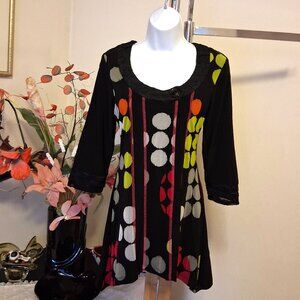 NWT Zoe Women's Black Multi Color Patchwork Blouse ¾ Sleeve Top Size M